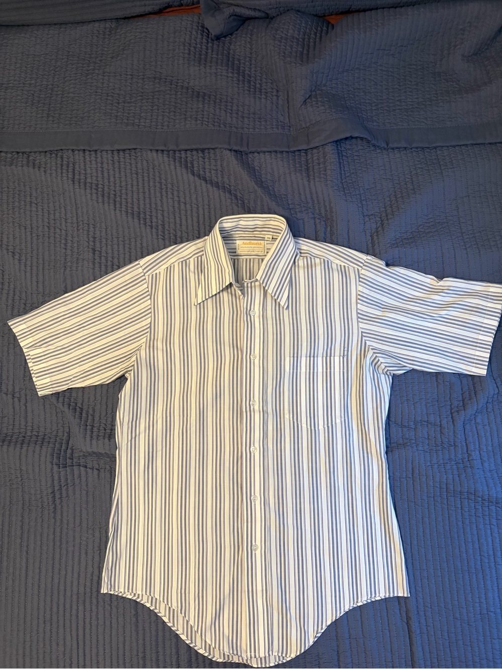 Vintage Short-Sleeve Striped Dress Shirt - Blue & White